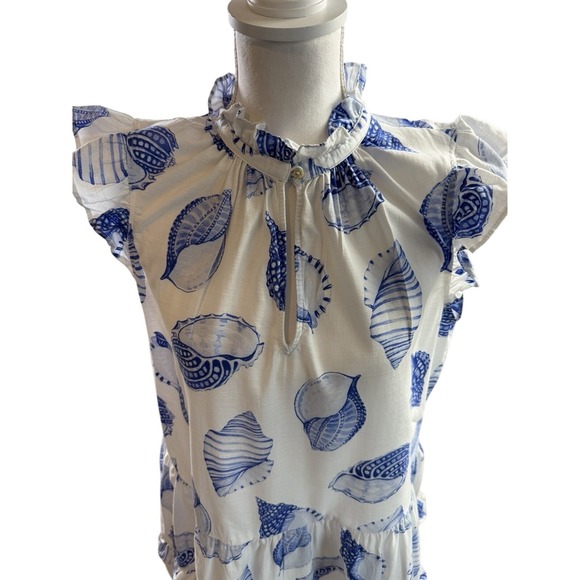 H & M Women's 100% Cotton Medium Frill Trim White & Blue Seashell Dress - Picture 4 of 7